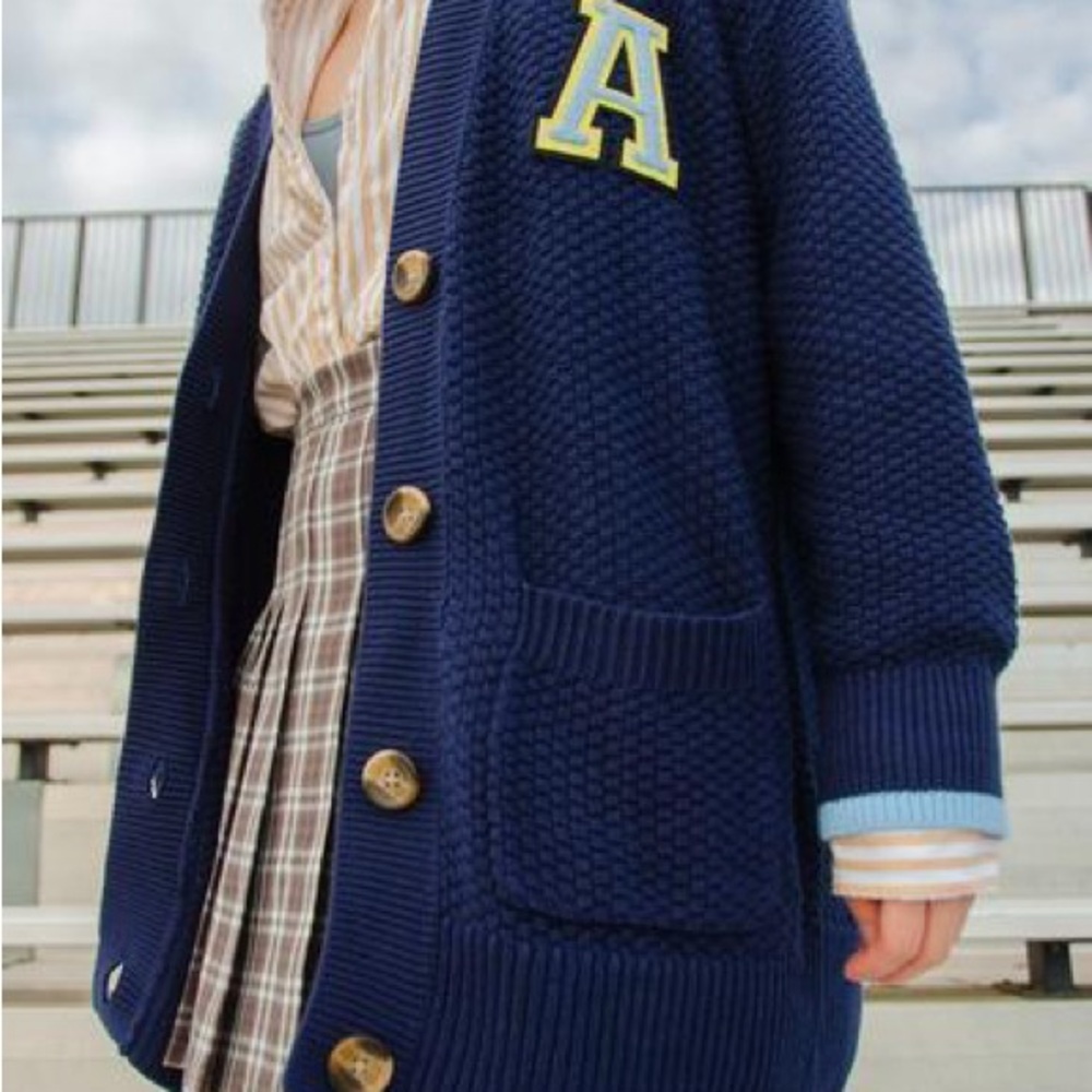 Aerie Textured Blue Cardigan with Letter Detail
